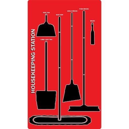 5S Supplies 5S Housekeeping Shadow Board Broom Station Version 2 - Red Board / Black Shadows  With Broom HSB-V2-RED-KIT